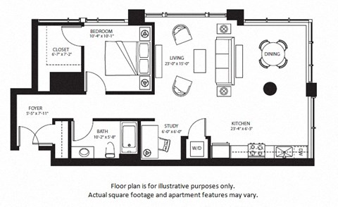 Floor plan for 1 bed, 1 bath, 951 sqft